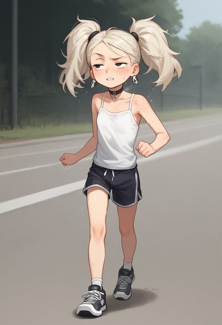 score_8, score_8_up, score_7_up, score_6_up,  source_cartoon, BREAK, 1girl, solo, , platinum blonde hair, twintails, red freckles, black eyes,skull earrings, black choker,   black sneakers,,,,,, petite,, , , , messy hair,  , half closed eyes, heavy sweating, heavy breathing,  motion lines, solo, female focus, white camisole, dark-gray tennis shorts, sneakers, socks, athletics field, running, sprinting, outdoors, full body, flat chest, prefect anatomy,