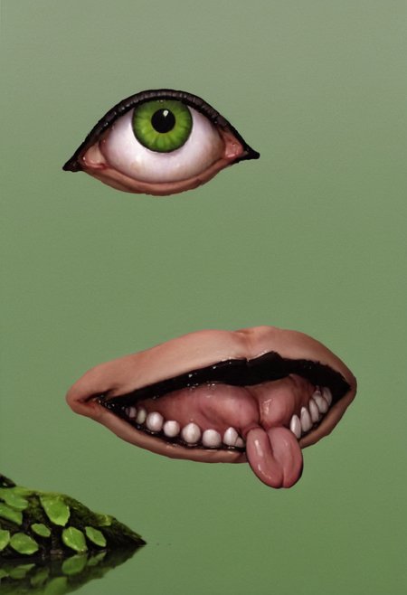 weirdcore, y2kmad, DnD character concept art, rpg character art, big round staring eyes, swamp, amphibian woman, swamp queen, seductive swamp witch, green skin, a slimy girl, tongue hanging, long thin tongue, webbed feet, prehensile toes, realistic, high quality, detailed, staring round eyes <lora:y2kmadmix_db-v0.0.1-extract:1>