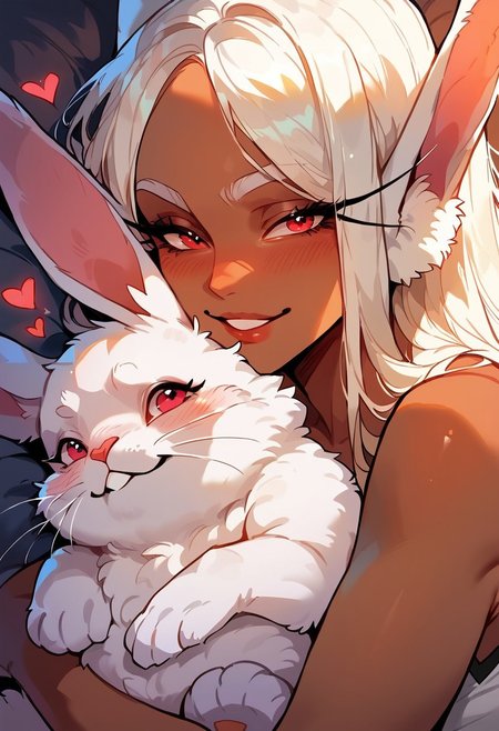 score_9, score_8_up, score_7_up, score_6_up,  <lora:p3tl0v3XLP:1> p3tl0v3, 1girl, rumi usagiyama, dark skinned female, hugging a white rabbit,