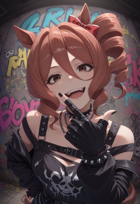 masterpiece, best quality, amazing quality, very awa,absurdres,newest,very aesthetic, looking at viewer, 
, <lora:Norn Ace illu:1> 1girl, brown hair, drill hair, side ponytail, brown eyes, animal ears, horse girl,horse tail,  hair bow, red bow, 
black gloves, ((punk outfit,)), smile, goth eyeliner, full teeth, black nails, abstract background, abstract, colorful, paint splatter,fisheye, graffiti, head up, head tilt, finger frame,