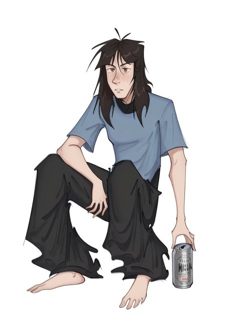 best quality, detailed face, detailed eyes, , , 
by vor sirkov
 1girl, barefoot, beer can, black hair, black pants, black shirt, blue shirt, blunt bangs, brown eyes, can, drink can, holding, holding can, long hair, looking at viewer, pants, parted lips, shirt, short sleeves, sitting, solo, white background