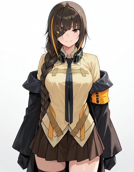 Volumetric Lighting, (masterpiece), (best quality), (ultra-detailed), masterpiece, source_anime, score_9, score_8_up, score_7_up BREAK, illustration, disheveled hair, detailed eyes, perfect composition, moist skin, intricate details, detailed eyes, detailed face, detailed fingers BREAK, brown eyes, long braid, single braid, black hair, blonde hair, streaked hair,scar across eye BREAK, m16def, headphones around neck, def_eyepatch, def_coat, def_shirt, def_skirt, long braid, single braid, def_gloves, def_necktie, def_single_armband, uneven legwear BREAK, ((white background)), standing, looking at viewer,upper body, thighs, smile