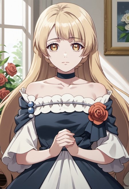 score_9, score_8_up, score_7_up, source_anime, tiara royal ivy, long hair, blonde hair, yellow eyes, 1girl, solo, dress, looking at viewer, collarbone, own hands together, choker, upper body, off-shoulder dress, flower, rose, indoors