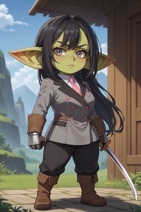 score_9, score_8_up, score_7_up, score_6_up, score_5_up, score_4_up, masterpiece, high quality, BREAK, full body, BREAK, 1girl,  <lora:Wendy Sato:0.8> Black hair, grey eyes, large breasts, grey suit, pink necktie, gauntlets, katana, <lora:GoblinGirl_Concept:1> GobGirl, green skin, short, long ears, large ears, colored skin, monster_girl 1girl, pointy ears, goblin, shortstack, long pointy ears,