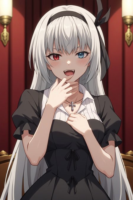 score_9, score_8_up, score_7_up, source_anime, 1girl, prefect lighting, very aesthetic, intricate details, highly detailed background, masterpiece, high quality, prefect hands, best quality, solo,
<lora:Luminous_Valentine_Tensura_V2:.85>, KJOluminous, white hair, heterochromia, red eyes, blue eyes, long hair, head band,
black dress, puffy short sleeves, cross necklace, 
smug, hand over mouth, open mouth, head tilt, blush, fangs, 
Bed room, dark room, dim lights,
(Beautiful, medium Breasts:1.2), natural breasts,