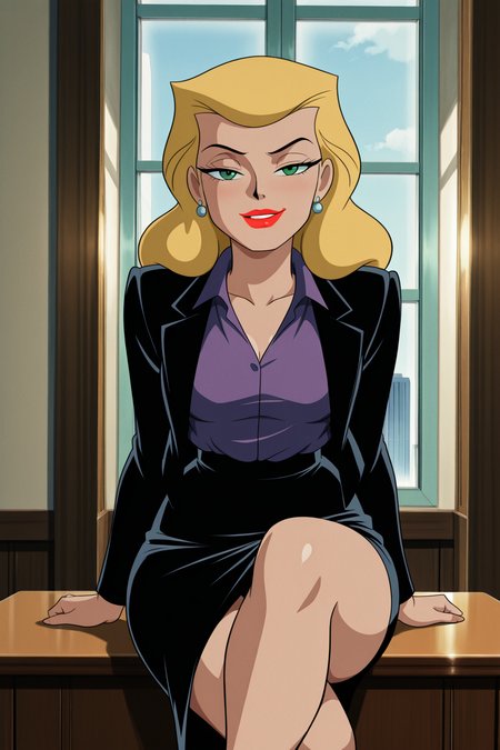 ((retro arstyle, parody), perfect anatomy, perfect eyes) BREAK <lora:CatwomanIL:1> selina kyle, green eyes, blonde hair, long hair, lipstick, red lips, naughty eyes, smug, ((looking at viewer)), earrings, collared shirt, purple shirt, black jacket, black skirt, long skirt, pencil skirt, teasing viewer, seducing viewer, showing off hips, legs crossed, relaxing on desk, luxurious apartment, indoors