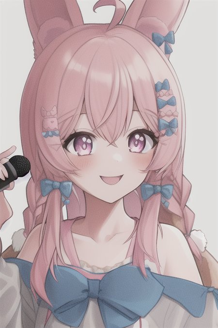 the photo of a 1girl, ahoge, animal_ears, bare_shoulders, blue_bow, bow, braid, collarbone, hair_bow, hair_ornament, hairclip, long_hair, open_mouth, pink_eyes, pink_hair, rabbit_ears, smile, solo, twin_braids, upper_body, virtual_youtuber, stage, stage lights, microphone, holding microphone, backwards hat, parappa the rapper, pipkin pippa