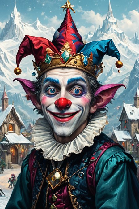 Detailed digital portrait of a Victorian jester with magical pranks  at a Snow-covered village near icy peaks, <lora:xl_more_art-full_v1:0.5>,  <lora:The_Crazy_Style:0.7>