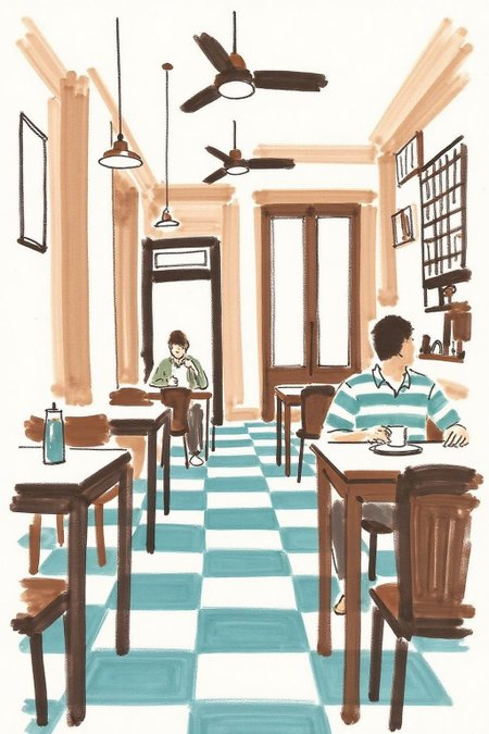 watercolor illustration. 
A cozy, intimate cafe scene. The floor is covered with a checkered pattern of teal and white tiles, adding a vintage, retro touch to the setting. In the foreground, a man with short, dark hair is seated at a wooden table, wearing a light green and white striped shirt. There are is a spnning fan on the ceiling. <lora:minink1_cap_d6a3e12:1.0><lora:825124343819420390:0>