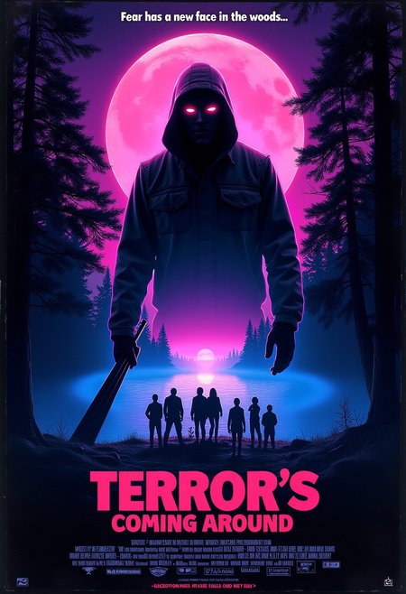 A retro 80s synthwave horror movie poster titled "Terror's Coming Around." A masked killer holding a weapon, silhouetted by neon-lit trees and a glowing moon. Inside the figure’s outline, a group of campers near a glowing lake with vibrant purple, pink, and blue synthwave lighting. The killer’s face is hidden in shadow. The tagline "Fear has a new face in the woods..." is displayed near the top in bold, stylized text. VHS grain texture overlays the entire poster, enhancing the retro feel. At the bottom, classic 80s-style film credits appear, listing "Directed by Engelstein" and other names such as "Starring: Mark Evans, Rachel Blake, Jessica Green, John Carter. Produced by Max Taylor. Music by Nolan Davis." "Coming This Fall" is written in smaller text at the bottom. Synthwave grid lines subtly appear on the ground, completing the eerie, nostalgic vibe.