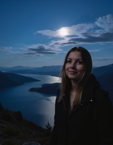 closeup head and shoulders portrait of a beautiful model on a mountain summit at night under moonlight and clouds before a vast wide hilly landscape with a large lake that reflects the light of the moon. 