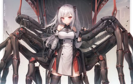 (robotic:1.3), (wrapped in cables and wires:1.5), actuators, pistons, hydraulics, (large shoulder pads:1.3), (crossed_arms:1.3), robotic legs, robotic arms, 1girl, (arthropod girl:1.4), (arthropod limbs:1.4), red skirt, large breasts, carapace, elbow gloves, (extra legs:1.2), (high-waist skirt:1.3), long hair, monster girl, multiple legs, partially fingerless gloves, (spider girl:1.3), original, <lora:spider_girl_v1:1.5>, mecha_musume, robot arms