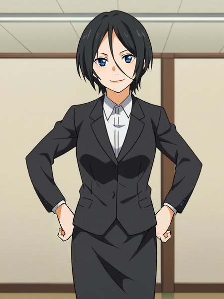 <lora:Seto_Hiroko-Shigatsu_wa_Kimi_no_Uso:1>,seto,1girl,,black hair,short hair,hair between eyes,blue eyes,formal,skirt,hands on own hips,looking at viewer,indoors,smile