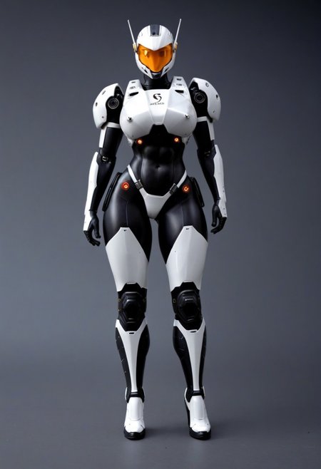 A sleek futuristic scene, a female robot in a form-fitting white armored suit with black accents, wearing boots, she is exuding a sense of strength and unity, standing in a military hangar,