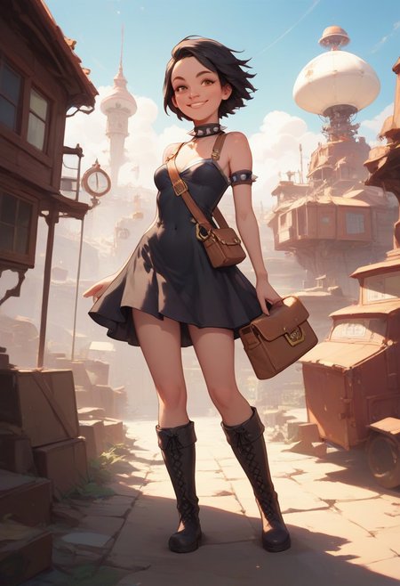 score_9, score_8_up, score_8_up, 1800's era fashion and technology, concept art, illustration. Steampunk, industrial revolution, 
1girl, age in mid20s, crooked smile, parted lips, (black hair), short hair, freckles, hazel eyes, (small breasts;1.3), long full-length black bowsette dress with orange trim, brown messenger bag. Wearing riding boots, she is looking out a porthole window, standing inside a passenger compartment aboard a dirigible airship, high res image, masterpiece, detailed background, perfection style