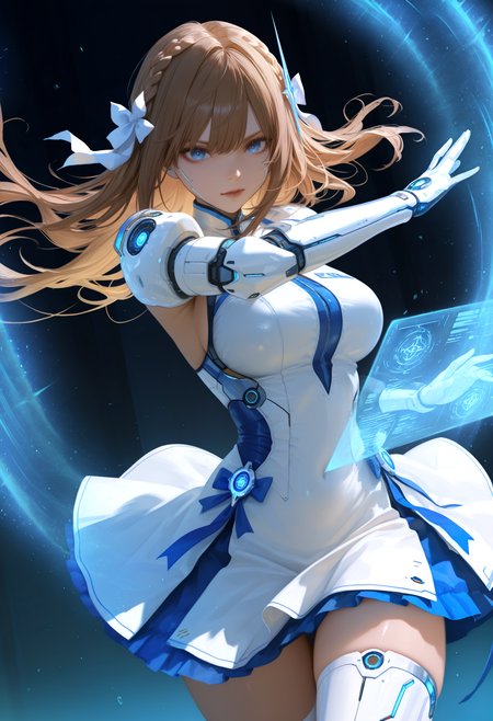 magical girl, 1girl, brown hair, flowing hair, french braid, large breasts, (cybernetic:1.2), blue eyes, ceremonial armor, dress, white and blue outfit, sexy outfit, blue ribbons, (blue magical energy), holographic interface, dramatic pose, (ready stance:1.2), determined expression, cowboy shot, dutch angle, soft lighting, diffused light, subtle shadows, icy theme, (magic effect, ethereal glow, elemental aura, flowing elements), aquatic atmosphere, cool tones, best quality, masterpiece, absurdres, newest, narrative-rich composition, (dynamic composition:1.3), (cyberpunk:1.2),  sfw, atnr