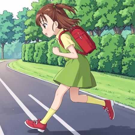 outside,  <lora:v2:1> jerikatou, 1girl, solo, brown hair, green dress, yellow collared shirt, side ponytail, brown eyes, shoes, yellow socks, red backpack, from side, running