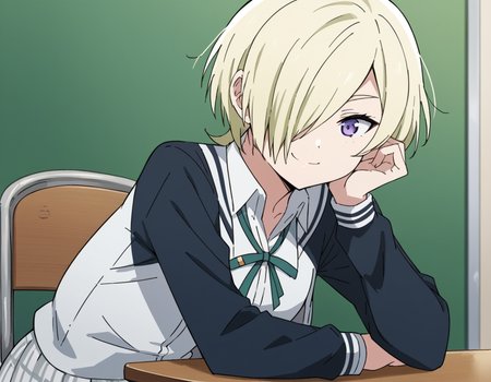 score_9, score_8_up, score_7_up, source_anime, <lora:mia-taylor-s2-ponyxl-lora-nochekaiser:1>, mia taylor, short hair, blonde hair, purple eyes, hair over one eye,, skirt, shirt, ribbon, school uniform, collared shirt, plaid, black shirt, neck ribbon, plaid skirt, white skirt, jacket, checkered skirt, nijigasaki academy school uniform,, indoors, smile, looking at viewer, solo, sitting, head rest, table,, cowboy shot, dutch angle