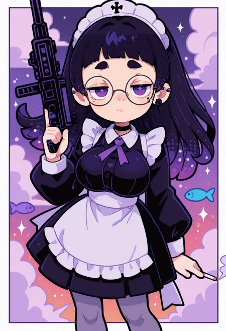 8k, 4k, masterpiece, vibrant colors, best quality, ultra detailed, highly detailed, hyper-detailed,
(from high above,  fish eye),
rainstorm,
(clothes and hair blown strongly by the wind, windblown hair),
BREAK
torso shot,
floating  portrait of stunning girl pointing pistol at viewer, heroic pose, short bangs, multicolored black hair, (bobcut hair),
large rimless round glasses, purple eyes, choker, hair over one eye,
large breasts, ear pierces,
ultra detailed decorative victorian gossamer black maid clothes, white apron,
black pumps,
dark noisy pastel gradient purple  abandoned park background (with extremely thick white border on all four sides ),
half closed eyes, unfocused eyes,
emotionless, looking away, subtle red eye make up,
(smoking cigarette), posing with neon multicolored machine gun at viewer, dramatic perspective,
thick clouds in background,
grey tights, thick legs,
holographic color highlights, backlight,
flowing hair, Flatline, haiz_ai,
chromatic aberration,
s0wasow4rt_illu, halftone,
<lora:TrendCraft_The_Peoples_Style_Detailer-v1.0A-3_13_2025-illustrious:0.125>
<lora:flatline:1.25>
<lora:PetraStyle:0.8> <lora:DetailedEyes_V3:1>  <lora:sowasowart_style:1>