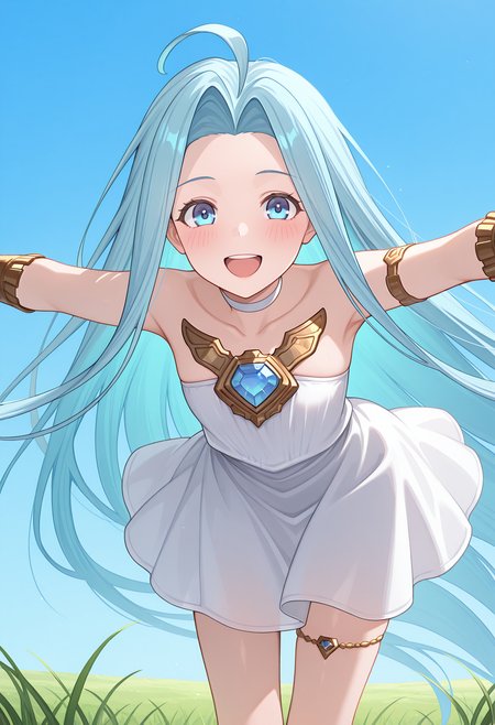 blue sky, grass, standing, spread arms, leaning forward, upper teeth only, blush, smile, looking at viewer, gbfluria, light blue hair, very long hair, ahoge, blue eyes, lyrdef, white dress, strapless, choker, collarbone, chest jewel, jewelry, bridal gauntlets, thighlet, <lora:_lyria-elesico-ilxlC:1> highres, best quality, masterpiece,
1girl, solo,