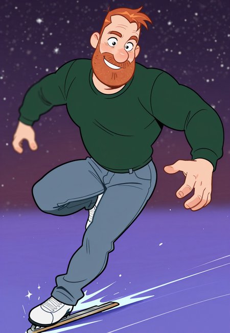 masterpiece, best quality, amazing quality, detailed background, intricate details, dynamic, cinematic, cartoon, anime, cartoon shading, solo, male focus, source_anime,high resolution, newest, depth of field, bara, yaoi, perfect face, 1boy, p3te, ginger hair, black eyes, beard, dark green fitted top, glittery top, sparkly top, trousers, skating, dynamic pose,  upper boddy, purple background, abstract background, dutch angle