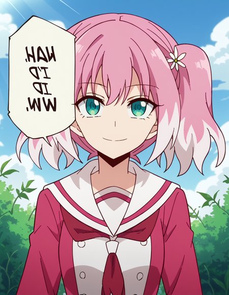 score_9, score_8_up, score_7_up, source_anime, <lora:nana-hiiragi-s1-ponyxl-lora-nochekaiser:1>, nana hiiragi, aqua eyes, twintails, pink hair, flower, white hair, multicolored hair, hair flower, two-tone hair, anime screencap, dress, school uniform, sailor dress, red neckerchief, white sailor collar,, conservatory, plants, glass roof, sunlight, greenery, smile, <lora:nah-id-win-ponyxl-lora-nochekaiser:1> nah id win, nah i'd win (meme), english text, speech bubble, meme, talking, straight-on, portrait,, looking at viewer, solo,, dutch angle, cowboy shot