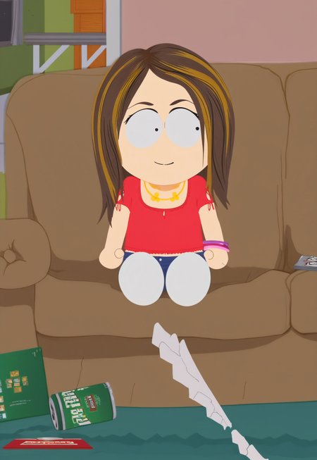score_9, score_8_up, score_7_up, ((best quality, masterpiece, hi res, perfect hands, perfect eyes, perfect skin, perfect foot, focus face)), Tammy Warner from south park, 1girl, long streaked brown hair with blonde highlights, black dot eyes, black mascara,
red shirt, blue denim shorts, golden heart necklace, pink and purple bracelet. wears dark blue shoes, white socks with light blue stripes,
(sexy pose),
seductive smile,
sitting on a couch, cans