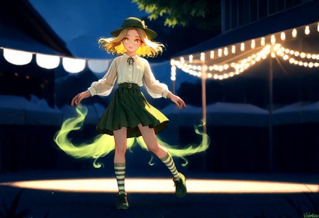 soft light, perfect anatomy ,  sharp focus, ((Depth of field)) deep depth, (Ultra detailed), best quality, intricate lighting, (absurd resolution), high resolution, intricate details, volumetric lighting, green hat, yellow hair, flowing detailed hair, innocent eyes, white panty hose, green skirt, green shoulder straps , white thick inner shirt, green striped socks, green shoes, small hat, twin tail hair,  natural cloths, wild like girl, Fun Spirit, Fine Details, ,Fun Spirit, Fine Details,, s4ish0,, curious excitement , (white center tones), (green inner tones),  (festival)