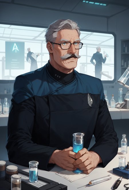 core_9, score_8_up, score_7_up, score_6_up,old,male,big glasses,balding,grey hair,small moustache,laboratory scenery,holding vial,microscope,bottles,lab equimpent,mad scientist,
pcdst,Star trek uniform,blue ,blue shoulders,black jumpsuit
,<lora:PicardPony-000050>