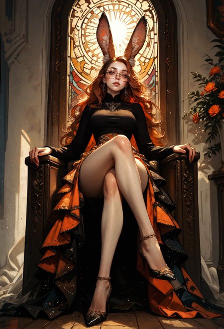 score_9, score_8_up, score_7_up, score_6_up, score_5_up, score_4_up,  solo, Viera, full body, (fluffy ears, fluff in ears:1.3), sitting on a throne, view from below, black top, long sleeves, orange skirt, checkered skirt, a woman with white hair, side cornrows, legs, thighs, crossed legs, (high heels:1.1), morning sun, beautifully backlit, a detailed painting, fantasy art, 1girl, large breasts, freckles, round eyewear, pale skin, full lips, orange eyes, long hair, absurd res,