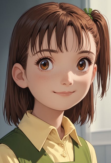 score_9, score_8_up, score_7_up, score_6_up, score_5_up, score_4_up, JeriKatou, 1girl, solo, brown hair, side ponytail, brown eyes, light smile, portrait,  green dress, yellow collared shirt,