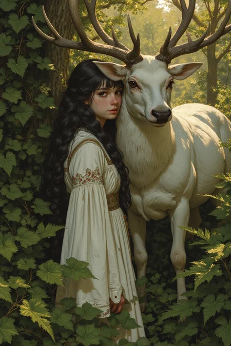 animaport of a porcelain-skinned medieval woman with long, braided dark hair, standing amidst a lush grove where vines and ferns frame her figure. A majestic white stag stands beside her, its antlers entwined with ivy, blending seamlessly into the dense green backdrop. The foreground is rich with layered foliage, partially obscuring the hem of her embroidered gown, while the sun’s golden rays filter through the canopy, illuminating the delicate details of the scene.