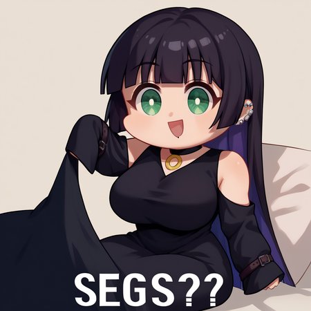 score_9, score_8_up, score_7_up, source_anime, Seggs, chibi, open mouth, smile, english text, <lora:Seggs_XLPD:1.1>,  <lora:Hoseki_BTR_Pasan_PDXL_v1:1> pasan, large breasts, ear piercing, chin piercing, hime cut, choker, black dress, shoulder cutout, sleeves