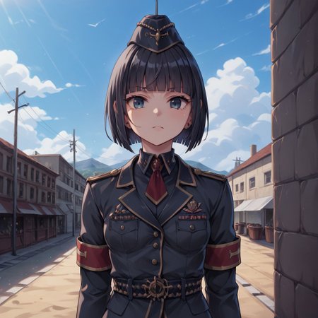 (score_9, score_8_up, score_7_up), 1girl, black hair, hime cut, short hair, black eyes, detail1eye, small breasts, black military uniform, black garrison cap, frontal view, standing (next to tank) BREAK pnthrtnk (outdoors:1.3), (best quality:1.2)  (high quality:1.1), <lora:add-detail-xl:0,5>, <lora:xl_more_art-full_v1:0.5>,