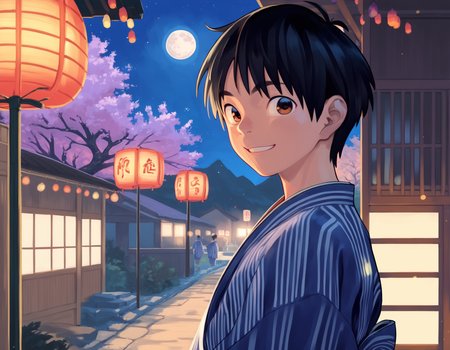 score_9, score_8_up, score_7_up, score_6_up, film grain, outdoors, night sky, moon, tree, festival, backlighting, from side, 1boy, solo, black hair, brown eyes, japanese clothes, yukata, smile, looking at viewer <lora:shounen_zoomXL_ot_v4d-AMXL_v2score:0.95>