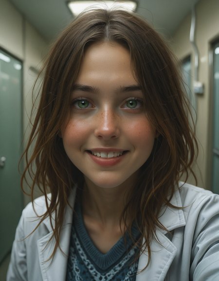 score_9, Stable_Yogis_Illustrious_Positives, selfie phot BREAK 19yo Czech female, with jetblack straight hair, green eyes, freckled face BREAK in labcoat, blue sweater, BREAK indoors, hospital, window, dynamic pose, BREAK natural light, ray tracing, natural shadows, (edge detection, detailed photo,closeup, detailed face, insane details:1.4), (detailed background, top quality, best quality:1.4), BREAK happy female, cheerful female, smiling to viewer, best faces, best hands, perfect hands, cinematic lighting, cinematic shadows <lora:add-detail-xl:1.4>  <lora:RealisticIL:1>