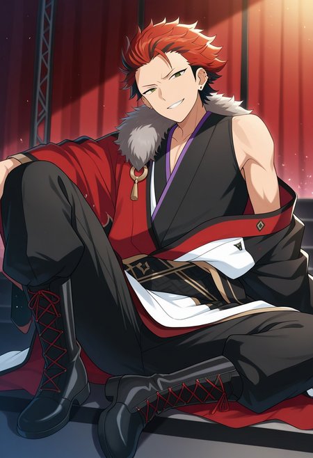 masterpiece,best quality,amazing quality, source_anime, 
kuroooky, 1boy, male focus, solo, green eyes, red hair, multicolored hair, jewelry, earrings, ear piercing, akatsuki uniform, kimono, multicolored kimono, fur trim, single off shoulder, pants, black pants, boots, black footwear, cross-laced footwear,sitting, stage, smile, grin,