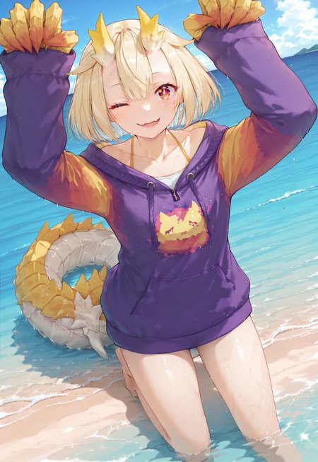 masterpiece, best quality, amazing quality, very detailed,  
UtataneNasa, blonde hair, horns, red eyes, two tone hair,
purple hoodie, claws, tail, foreshortening, sparkling eyes, open mouth, skin fang, beach, water, in water, wet, one eye closed, dutch angle, closed mouth, arms up, looking at viewer, smile