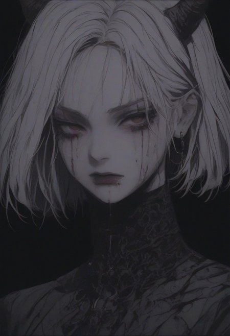 score_9, score_8_up, score_7_up, flat color, blood dripping from mouth, demon girl, demon horns, gthan, gothic, jewelry, red eyes, solo, blood, earrings, cross, 1girl, black background, looking at viewer, portrait, short hair, necklace, blood on face, cross necklace, simple background, spot color, closed mouth, white hair, cross earrings