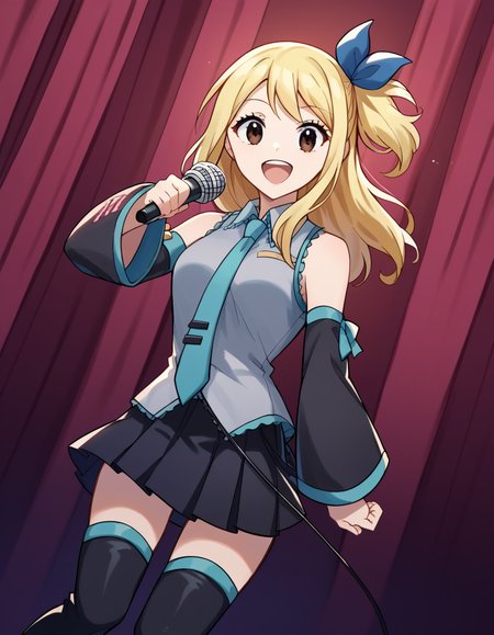 score_9, score_8_up, score_7_up, source_anime, lucyheartfilia, <lora:lucy-heartfilia-s7-ponyxl-lora-nochekaiser:1>, lucy heartfilia, blonde hair, brown eyes, long hair, one side up, ribbon, hair ribbon, blue ribbon,, <lora:hatsune-miku-cosplay-ponyxl-lora-nochekaiser:1>, hatsunemikucosplay, hatsune miku \(cosplay\), aqua necktie, black footwear, black skirt, black sleeves, boots, collared shirt, detached sleeves, grey shirt, necktie, pleated skirt, shirt, skirt, sleeveless, sleeveless shirt, thigh boots, tie clip,, stage, stage lightings, singing, microphone, holding microphone, open mouth, smile,, cowboy shot, dutch angle,