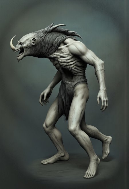 aidmaMJ6.1, Made out of paper, a PaperStyle , d4artstyle, d4concept, , d00mstyle, made of clay, ZBClay model of a gray sculpture
A grotesque and nightmarish creature with a distorted, elongated body. Its form is gaunt, with sinewy muscles and patches of ragged fur hanging from its emaciated frame. The creature's head is a disturbing mix of beast and primate, featuring a gaping maw filled with sharp, jagged teeth and a pair of large, curved tusks protruding from its lower jaw. Its hollow, piercing eyes emit a sense of malevolence, while matted, black fur drapes from its neck like a twisted mane. The creature's elongated neck curves unnaturally, giving it a serpentine appearance, and the back is hunched with prominent ridges along the spine. The legs are spindly and appear unstable, adding to its unsettling appearance. Its design evokes a blend of demonic horror and predatory menace, with an emphasis on grotesque and eerie details.
Background solid color with a faded dimly lit, fog-covered darkness tone that emphasizes its silhouette. 
 The medium is not a traditional painting or illustrative medium like watercolor or ink but rather a digital rendering, eerie and unsettling.
