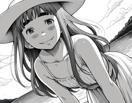 score_9, score_8_up, score_7_up, source_anime,
aikotanaka, <lora:aiko-tanaka-manga-ponyxl-lora-nochekaiser:1>,
aiko tanaka, long hair, bangs, thick eyebrows, blush, greyscale, monochrome,
dress, white dress, collarbone, bare shoulders, sundress, sun hat,
outdoors, beach, bent over, smile,
looking at viewer, cowboy shot, solo, dutch angle,