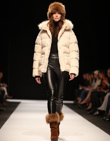 fashion catwalk, lighting, photo, HD, 4k,  full body, 
Women wearing puffy and furry cream colored natural  jacket, black leather pants, brown fur boots, fur hat, 
 <lora:iphone-dev-7:1> iphone photo