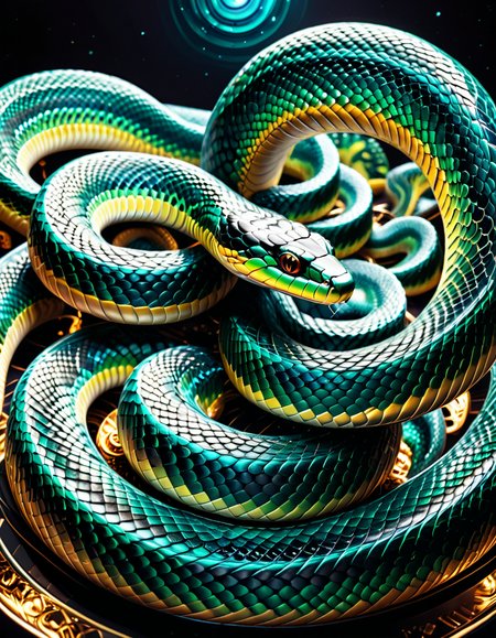 "A mesmerizing serpent forming an infinite loop (â), its scales reflecting fractals, galaxies, and microscopic worlds, glowing iridescently, surrounded by a cosmic void, interactive textures emitting soft vibrations, surreal blend of science fiction and nature, ultradetailed and captivating design." <lora:SDXLFaeTastic2400:0.4> <lora:extremely_detailed:0.4> extremely detailed, <lora:sn4ke:1>,sn4ke, Masterpiece,best quality,hi res,8k,hi res,8k,award winning,(sharp focus, intricate, highly detailed),