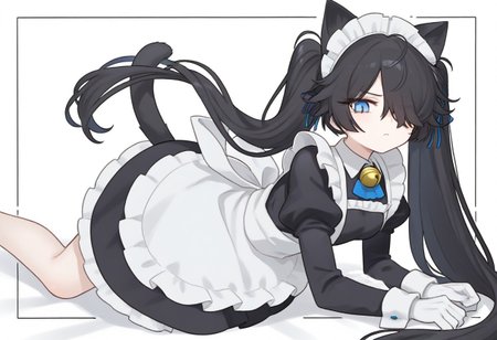 (Maid-kasli), solo, white gloves, dress, hair over one eye, maid apron, blue eyes, twintails, cat ears, maid headdress, maid, gloves, 1girl, apron, juliet sleeves, long sleeves, long hair, black hair, animal ears, bell,(Fall down),