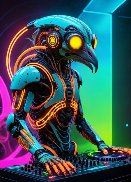 Ombre color scheme of neon orange, neon pink, neon blue, neon yellow, neon green, biomechanical cyberpunk psychedelic style cute weird (alien|penguin) creature DJing (at a rave:1.1)  (giant speakers:1.2) (crowd distant background:1.15) (bokeh volumetric lighting, fog:1.1)  <lora:fx-monsters:0.35> fx-monsters  <lora:add-detail-xl:1> <lora:sss:0.8> <lora:xl_more_art-full_v1:0.35> <lora:The_Dark_Side_Of_The_Future:0.25>  <lora:vibracol:0.5> vibracol, subsurface scattering, Photorealistic, Hyperrealistic, analog style, realistic, film photography, soft lighting, heavy shadow . vibrant colors, swirling patterns, abstract forms, surreal, trippy . cybernetics, human-machine fusion, dystopian, organic meets artificial, dark, intricate, highly detailed