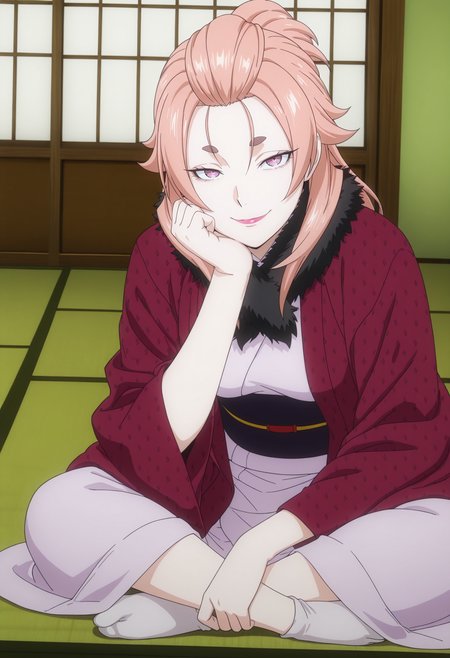 1girl,solo,mm,mature female,long hair,pink hair,purple eyes,lipstick,thick eyebrows,anime coloring,
kimono,fur trim,sitting,indian style, head rest, looking at viewer, smile,indoors,tatami
,masterpiece,best quality,amazing quality,<lora:Mana_Nakiri-Shokugeki_no_Souma:0.8>