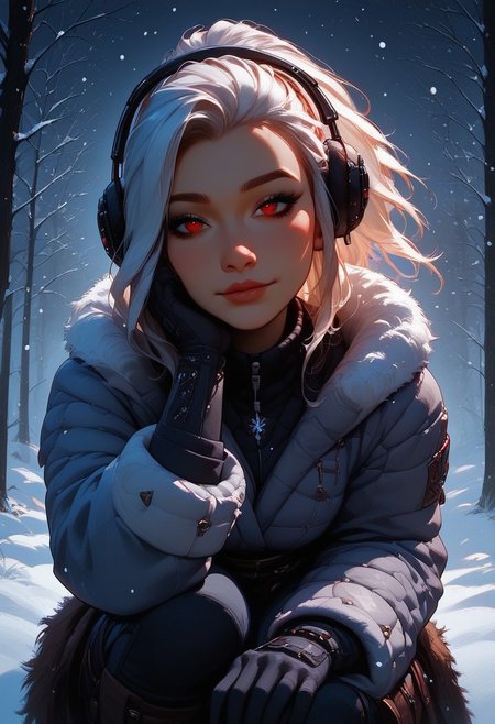 score_9, score_8_up, score_7_up, score_6_up, 1girl,  sexy face, ponytail hairstyle, winter coat, earmuffs, gloves, winter boots, white hair, long hair, red eyes, shy, breast grab, beautiful lights, on one hand and knees, flirtatious, looking at viewer, seductive, Outside, snowing, snowflakes falling, 
View from the front, face focus, closeup, close up,