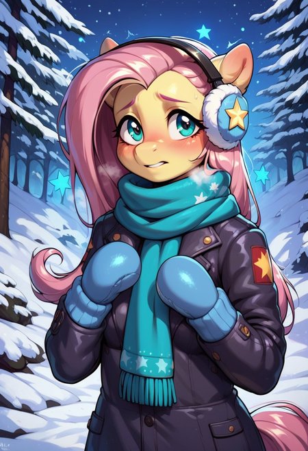 score_9, score_8_up, score_7_up, score_6_up, semi-realistic artwork, detailed background, high quality, vibrant colors, best quality rendering, intricate details, high resolution, sharp focus, best render quality, (background-winter forest, snow, night, stars, glowing stars), close up view, focus on face,
1girl, solo, Fluttershy (anthro pony), 18 yo, long hair, narrow shoulders, skinny, shiny skin, small perky breasts,
wearing a winter coat, scarf, mittens, fluffy winter earmuffs,
dynamic pose, shivering, 
shy, blush, blushing, embarrassed, looking back at viewer, hot breath,