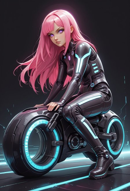 score_9, score_8_up, score_8, masterpiece, best quality, good quality, very aesthetic, absurdres, newest, 8K, depth of field, focused subject, dynamic angle, side view,  1girl,solo, CivChan, android,  holofoil glitter, faint, glowing, ethereal, neon hair, glowing hair, long hair, purple eyes, looking sweet, coy,  sci-fimasterpiece, best quality, good quality, very aesthetic, absurdres, newest, 8K, depth of field, focused subject, dynamic angle, side view, 1girl,solo, CivChan, android, holofoil glitter, faint, (glowing:1.5), ethereal, neon pink hair, glowing hair, long hair, neon purple eyes, looking at viewer, serious, zzCitronLegacy, 
Looking like the character Gem from the movie Tron Legacy,  black suit with glowing purple circuits, thick thighs, white boots, black eyeliner, mischievous expression, rides a TRON Motorbike, tron, giant bike, with angular Speed trail, in a Neon landscape, towering (geometric) structures, dark with vibrant electric-cyan highlights, cinematic sci-fi lighting, Shot with wide-angle lens, motion blur, ultra-detailed, photorealistic Tron style, black background elements, giant cyan glowing grid across the entire background,